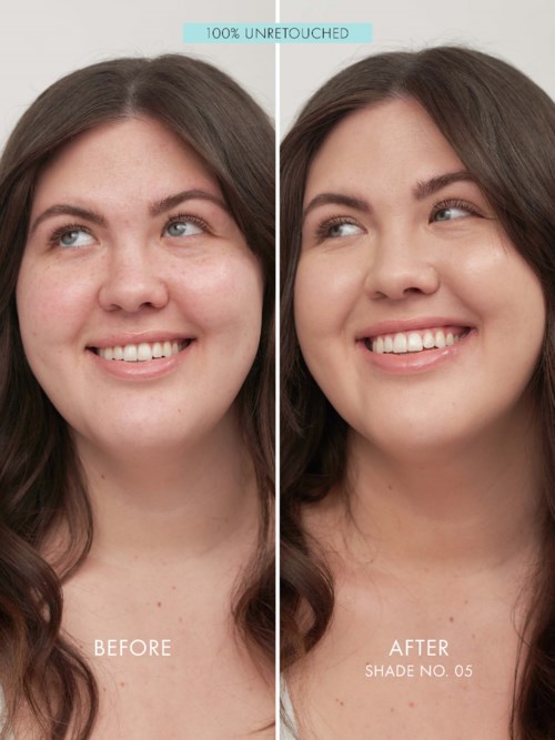 A woman smiling, showing a before and after makeup or skincare change, with clear skin and bright expression.