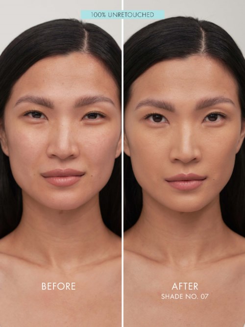 Side-by-side comparison of a woman's face before and after skin tone correction. The after image shows a more even complexion.