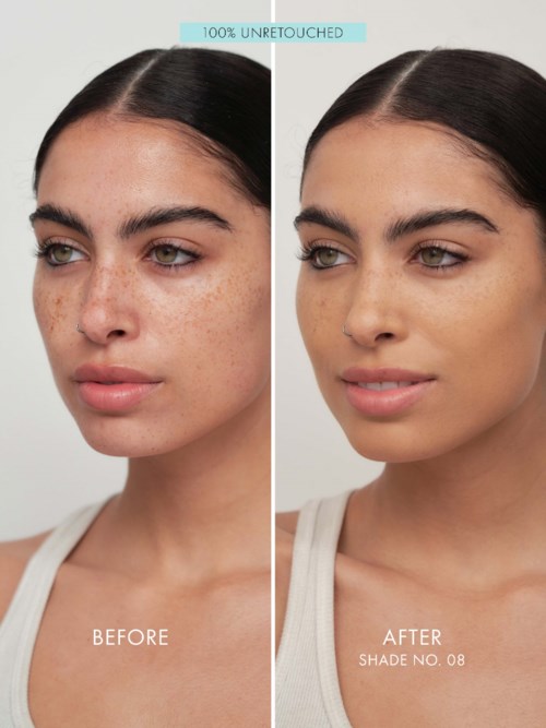 Side-by-side photos showing a woman's face before and after applying makeup or skincare. The 'after' face looks clearer and smoother.