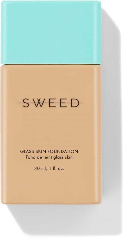 A foundation bottle with a turquoise cap and beige body, labeled Sweed Glass Skin Foundation, 30 ml.