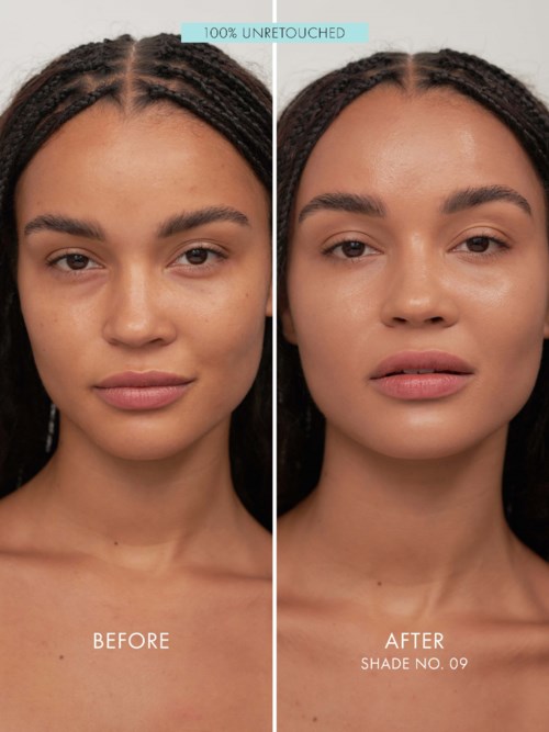 A woman shows her face before and after applying makeup or skincare, with clear skin and different eyebrow and lip styles.