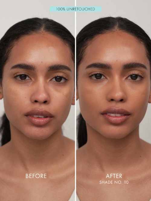 The image shows a woman before and after makeup, smiling slightly with clear skin and well-groomed eyebrows.