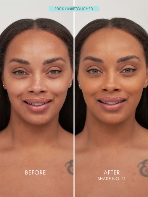 A woman shows improvement in skin tone and brightness after applying makeup or skincare. Before and after comparison.