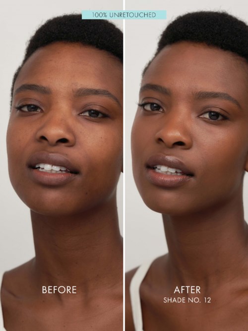 Side-by-side photos showing a woman before and after applying foundation, with smooth skin and even tone.