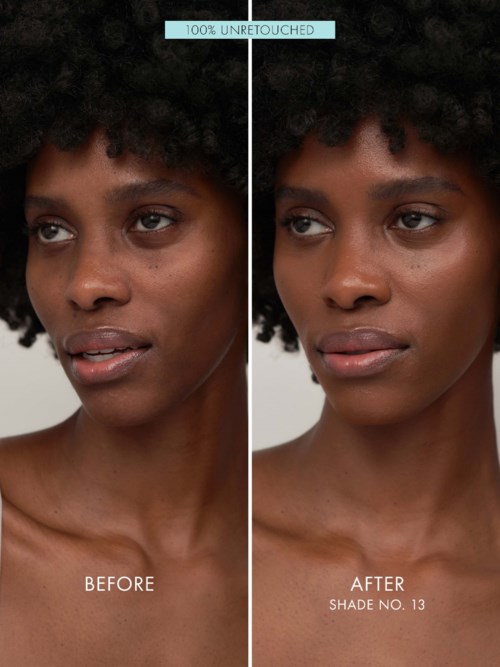 Side-by-side photos of a woman showing improvement in skin tone after makeup or editing.