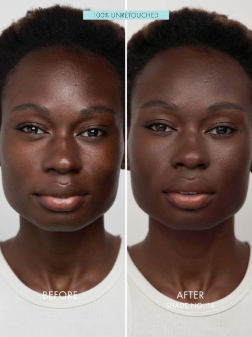 A woman with dark skin shows a clear improvement in skin tone and complexion after a skincare treatment.