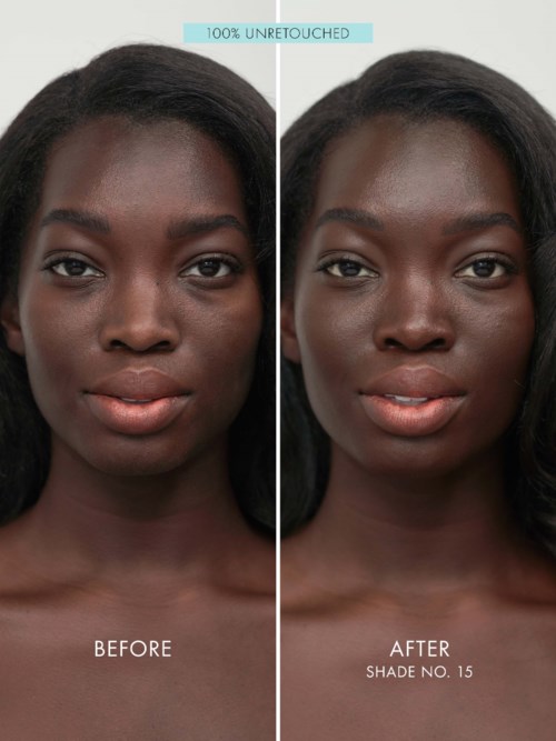A split photo showing a woman before and after applying makeup or skincare, with smoother skin after. Labels 'before' and 'after' appear.