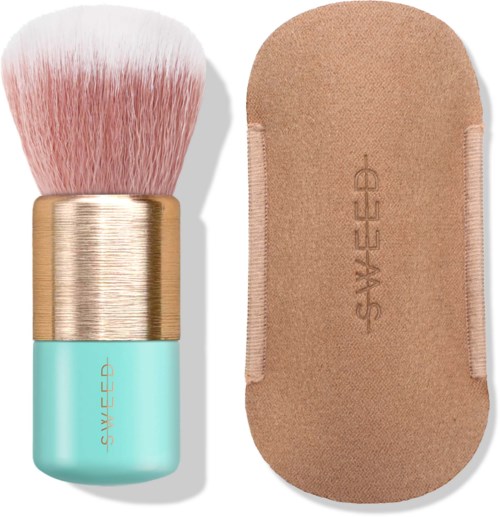 A makeup brush with pink bristles and a turquoise handle, next to a beige sponge applicator. Both are branded SWAYED.
