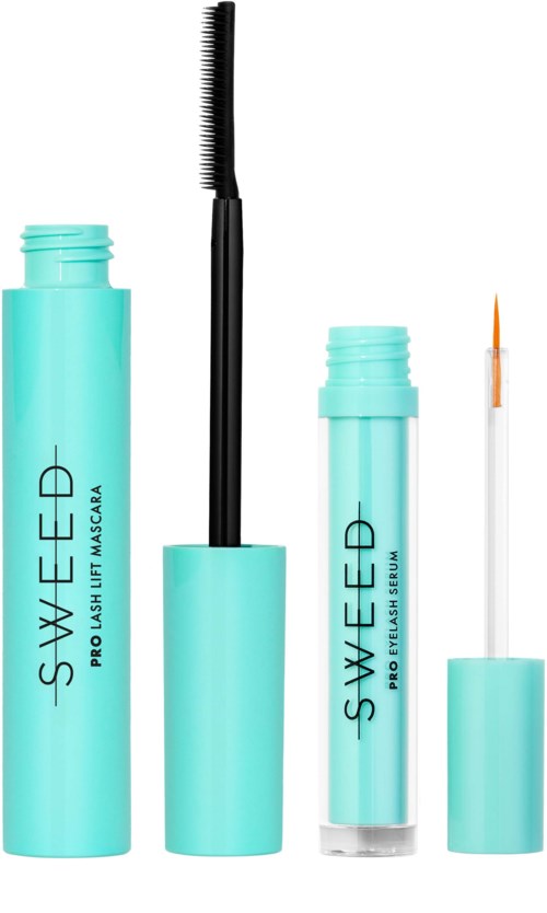 Two turquoise mascara tubes and a clear eye serum tube, with one mascara wand and a small eye brush.