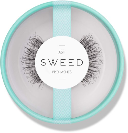 Package with black fake eyelashes labeled 'ASH SWEEED PRO LASHES' inside a turquoise rounded case.