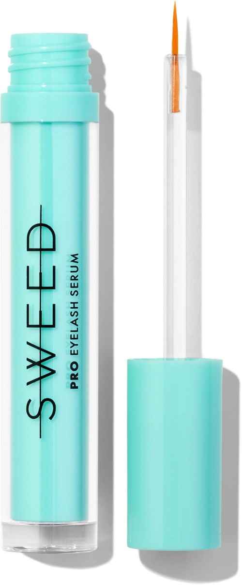 A light blue tube of eyelash serum with a white applicator brush and a loosened cap.