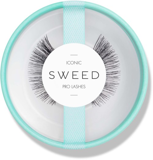A round box with false eyelashes inside, labeled 'ICONIC SWEED PRO LASHES' on a white background.