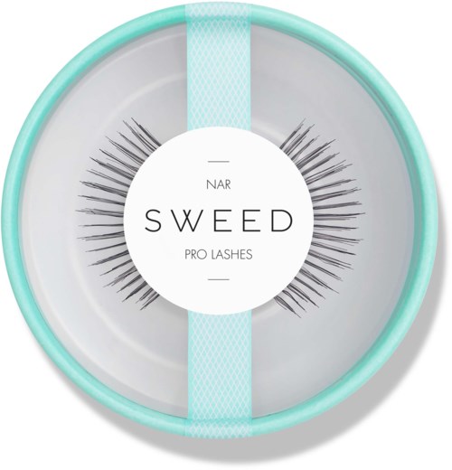 Round container with false eyelashes labeled 'SWEED PRO LASHES' inside.
