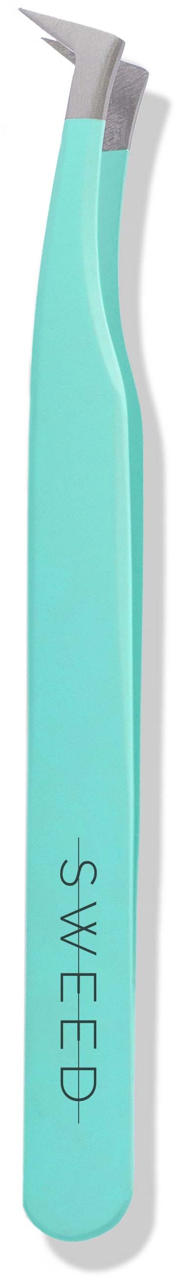An electric toothbrush with a light blue handle and a white bristle head.