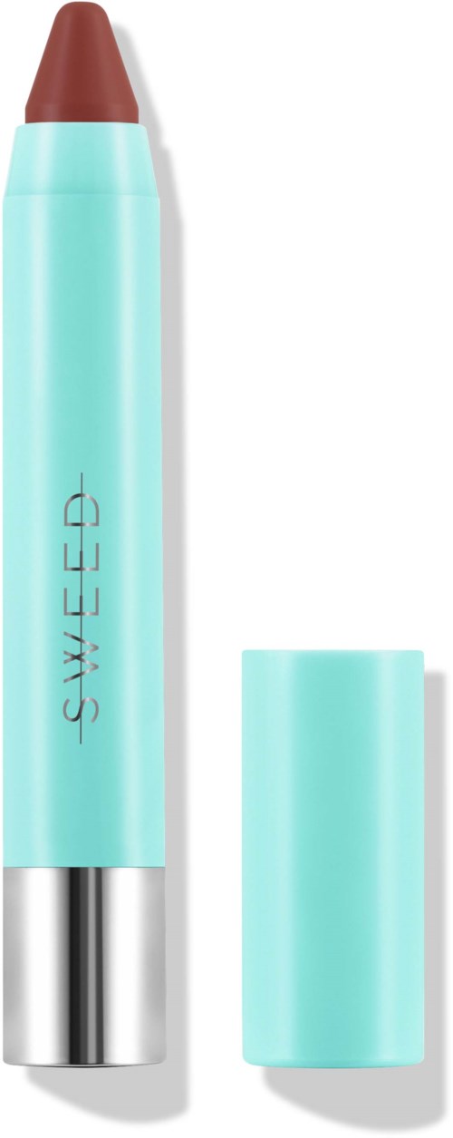 A blue lipstick tube with a brown lipstick stick inside it, and the cap is off. The brand name 'SWEED' is on the tube.