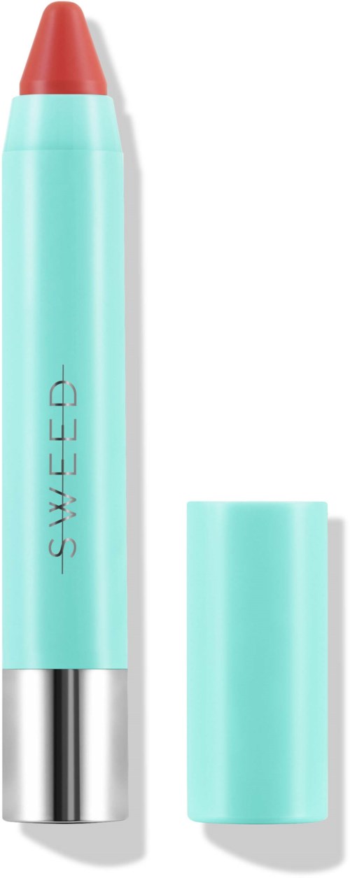A pastel blue highlighter with a coral tip, labeled "SWEED," and its cap laid beside it.