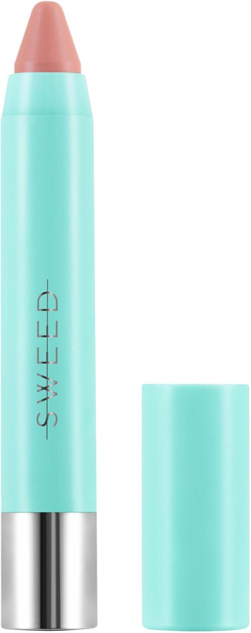 A pastel blue crayon with a pink tip, labeled 'SWEET' in silver, and a matching cap beside it.