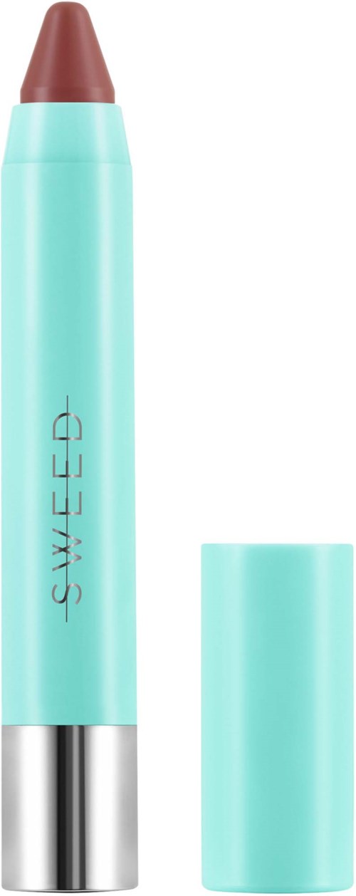 A turquoise lip crayon with a brown tip, labeled 'SWEFEED', and its cap nearby.