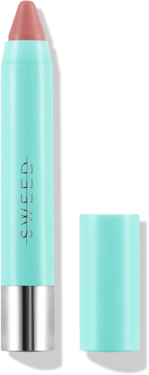 A blue lip balm with a pink tip and a silver band, with its cap removed, showing the balm.