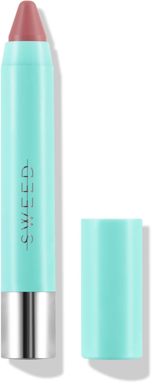 A pastel blue highlighter with a pink tip, labeled 'SWEED,' and its cap placed beside it.
