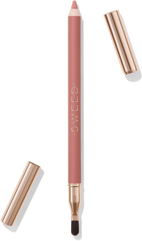A pink dual-ended makeup pen with a brush and a cap, labeled 'SWEELD'.