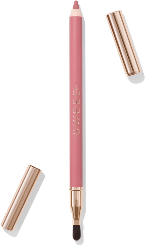 A pink cosmetic pen with a black tip, two gold caps, and the word "SWEED" on it.