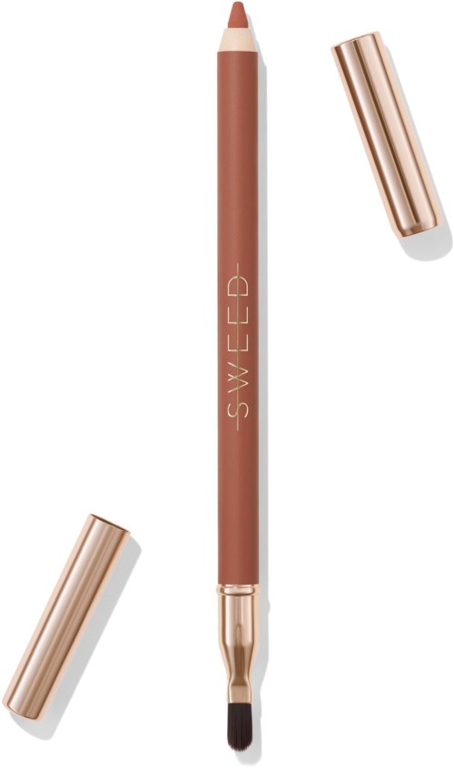 A brown lip liner with a cap beside it and a small brush on the bottom. The pen has gold accents and "SWEET" written on it.