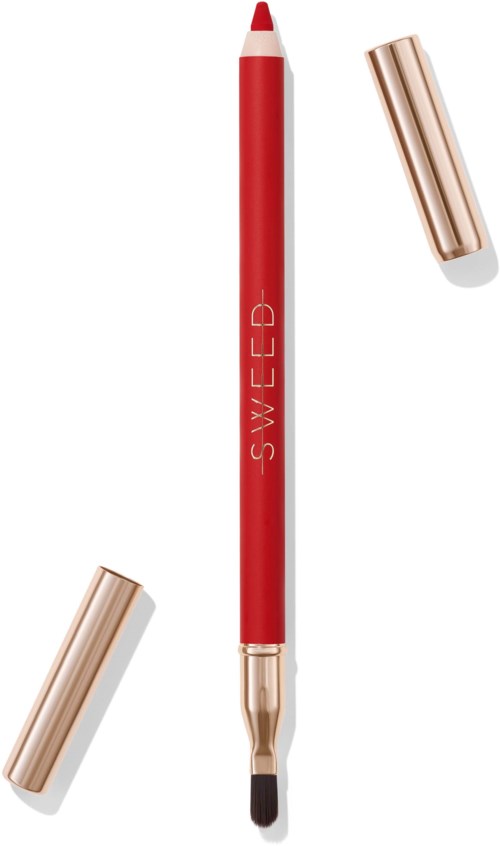 A red pen with a black tip and gold-colored cap, with two caps placed nearby.