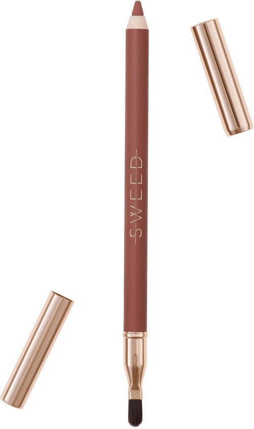 A brown lip liner with a brush on the end and golden caps removed, standing upright.
