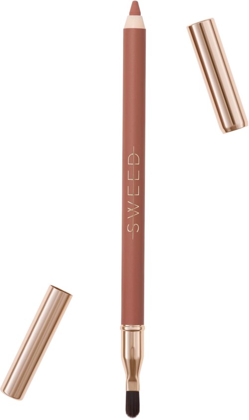 A pen with a brush tip, rose gold cap and barrel, and the brand name SWWEED written on it.