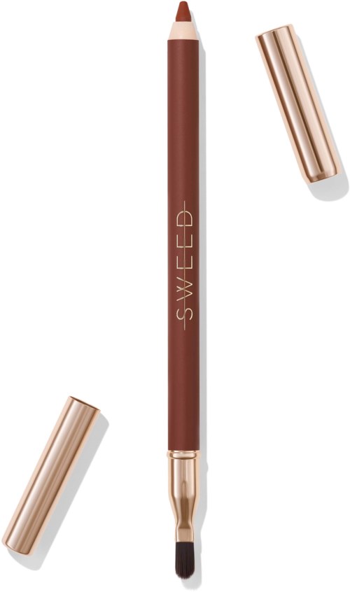 A branded brown lip liner with a gold cap and a built-in brush, labeled 'SWEED', with two caps nearby.