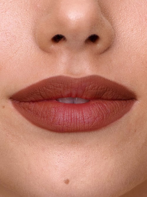 Close-up of a person's lips with matte lipstick and smooth skin around the mouth.