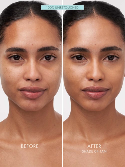 Side-by-side photos show a woman's face before and after skincare, with clearer skin on the right. Text says "100% untouched".