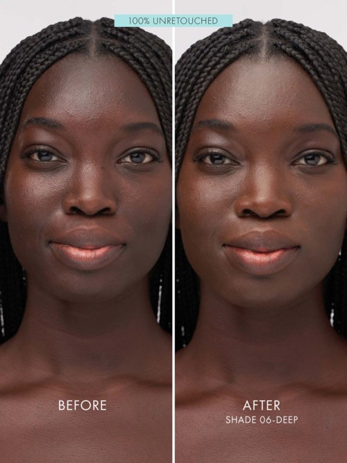 A woman’s face is shown before and after skin tone change with a darker shade. Clear difference in complexion.