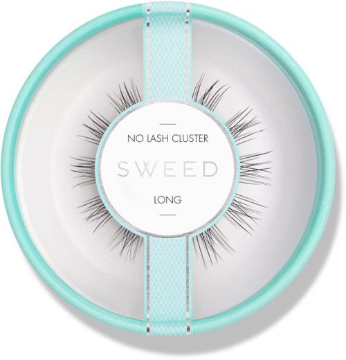 Round eyelash case with separated sections, inside are long, no lash cluster false eyelashes.