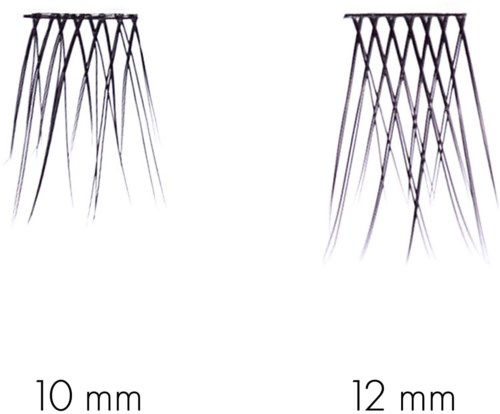 Two sets of thin metal columns with crossed supports, labeled with sizes 10 mm and 12 mm.