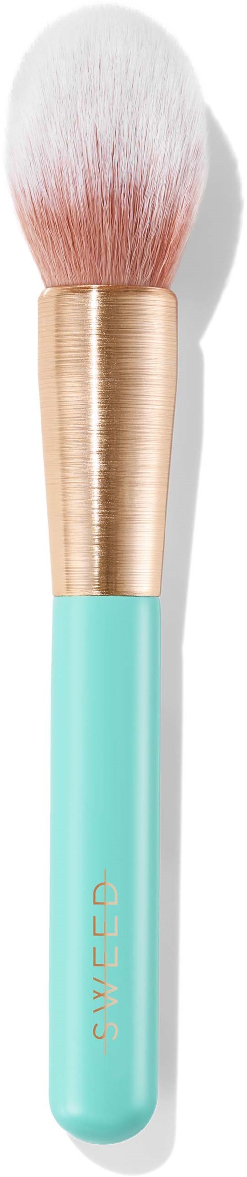 Make-up kwast met gouden ferrule, lichtblauw handvat en zachte witte en roze haar.