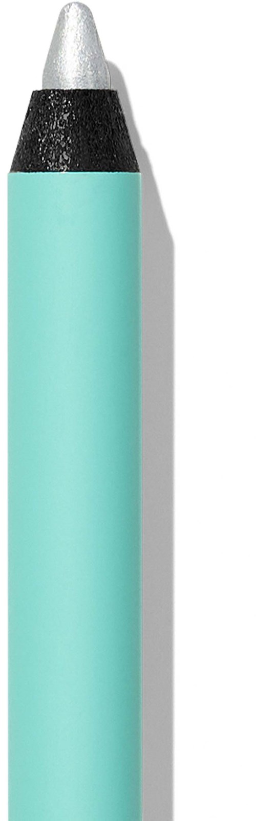 A crayon with a light blue body, black band, and silver tip.