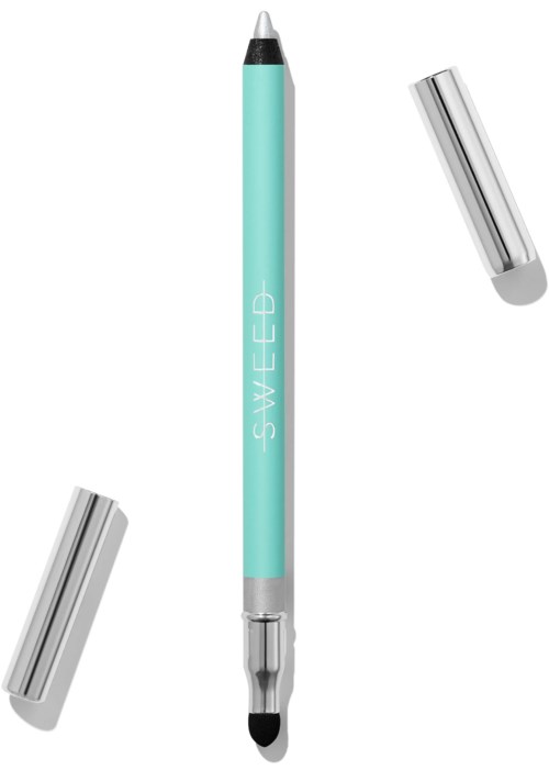 A light blue double-ended marker with silver caps and black tips, labeled 'SWEED' on the body.