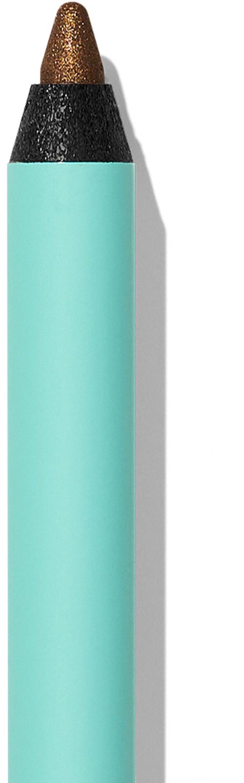 A pastel blue crayon with brown and black tips, casting a shadow to the right.
