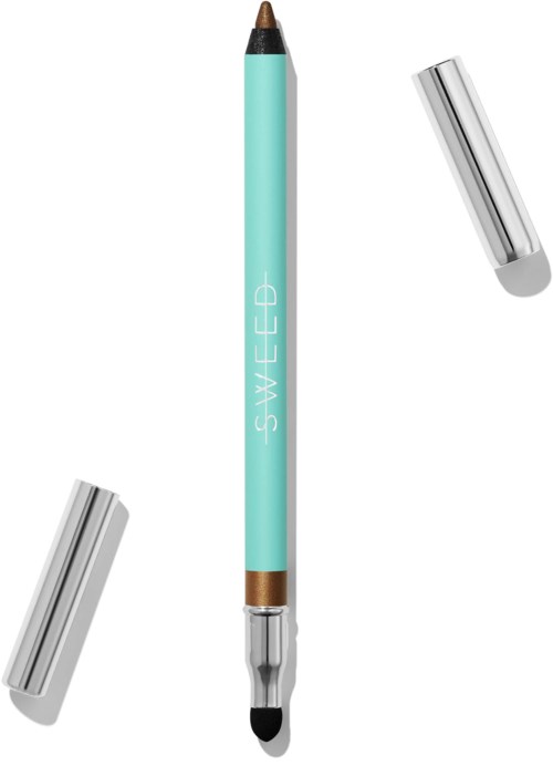 A dual-ended makeup pencil with a brown tip and a black tip, and two silver caps.