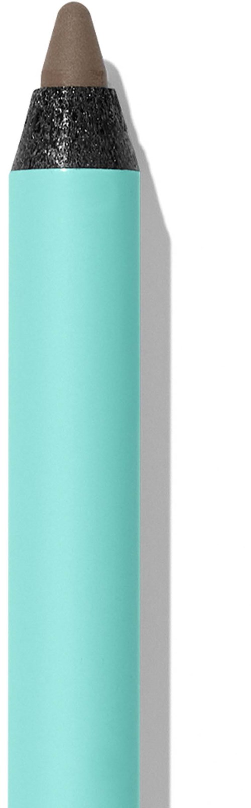 A blue pencil with a brown tip and black band, photographed against a white background.
