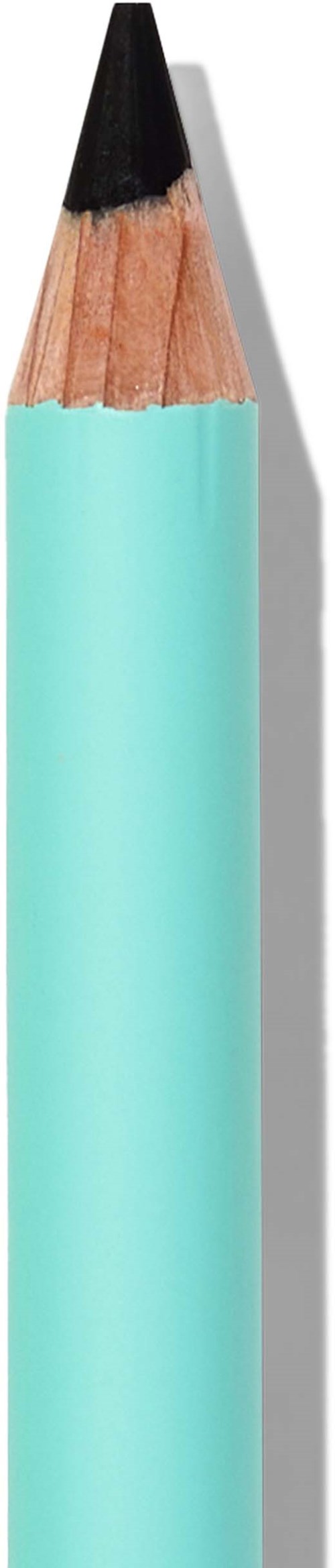 A light blue colored pencil with a sharpened black tip and wooden body.