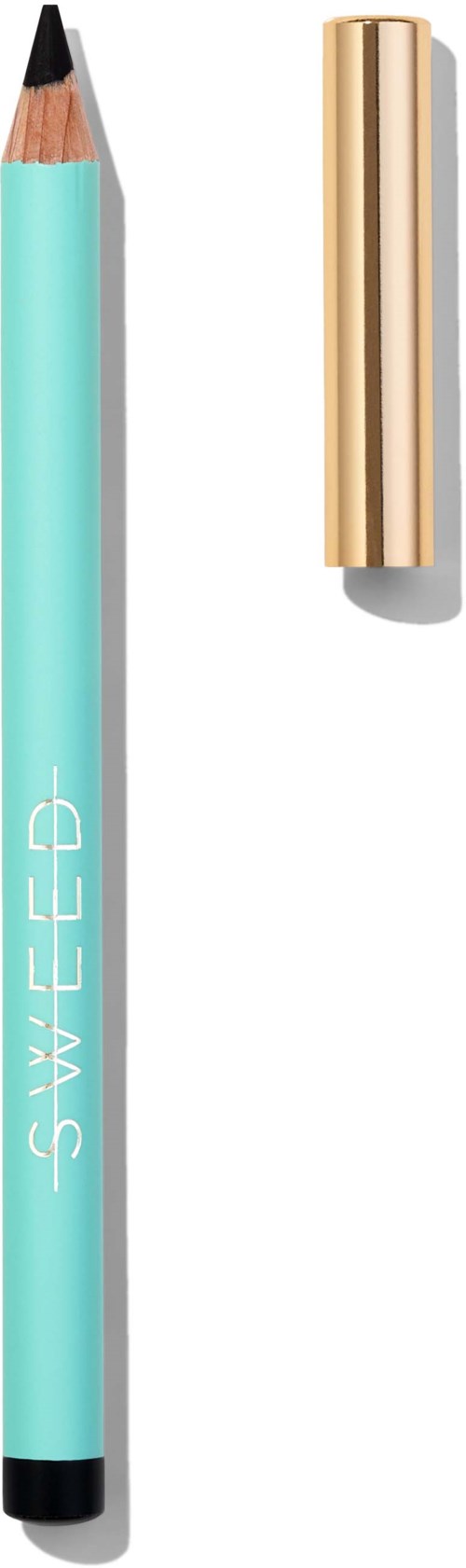 A blue pencil with a black tip and the words 'SWEEEP.' next to a gold lipstick tube that is open.