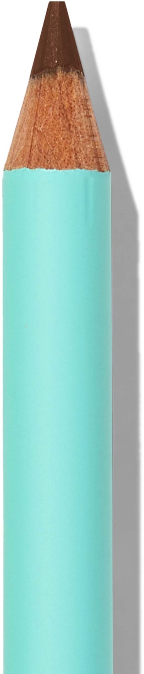 A light blue colored pencil with a sharpened tip, casting a shadow on the right side.