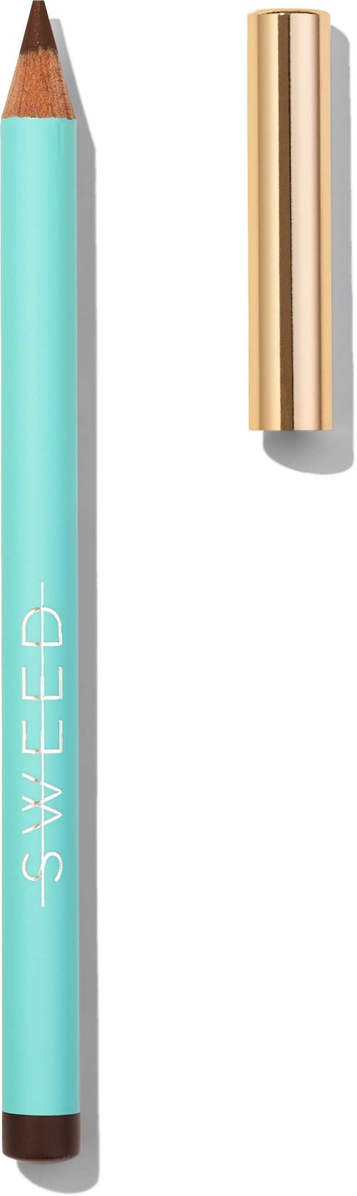 A light blue pencil with a gold cap, labeled 'SWEEED' on its side, and the cap is removed.