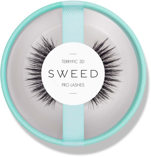 False eyelashes inside round turquoise case with a white label titled "SWEED PRO LASHES."