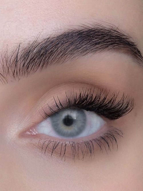 Close-up of a blue eye with long eyelashes and well-groomed eyebrow.
