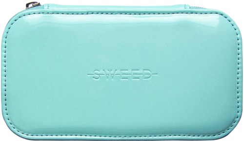 A light blue zippered case with the word 'SWEED' embossed on it.
