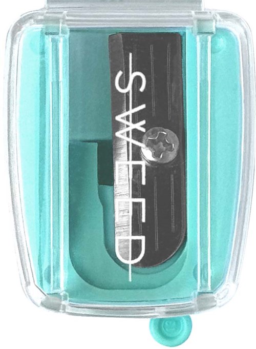 A small blue plastic device with a black and white sticker showing a scissors icon and text, used for stamping.
